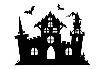 Black silhouette of haunted house with bats isolated on a white background. Concept of spooky decoration, haunted castle, minimalist style, spooky mansion, Halloween design. Print, design element