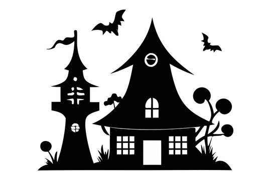 recommend clip art: Black silhouette of haunted house with bats isolated on a white background. Concept of spooky decoration, haunted castle, minimalist style, spooky mansion, Halloween design. Print, design element