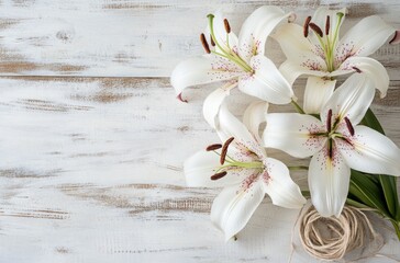 White Lilies on Rustic White Wooden Background