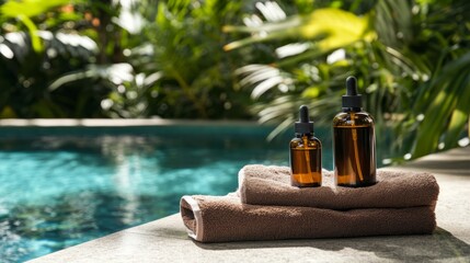 Two amber cosmetic bottles with pumps rest on folded towels at a resort poolside