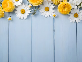 Obraz premium Bunch of flowers on a blue wooden background