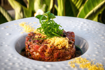 Chic restaurant dish elegantly presented on a pristine plate. The classic tartare features finely chopped, expertly seasoned raw meat, arranged with precision. Clean and sophisticated presentation