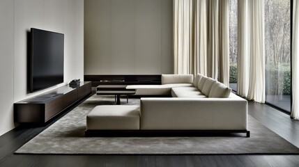 Fototapeta premium This minimalist living room features a neutral color palette with a comfortable sofa, dining table, and extensive windows offering a city view. Natural light floods the space
