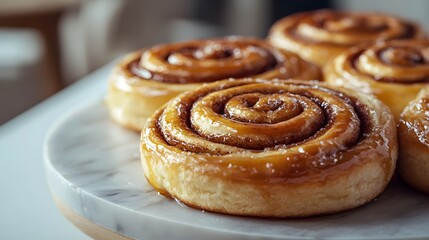 Freshly baked cinnamon rolls, golden brown swirls, flaky pastry texture, caramelized sugar glaze, white marble countertop, food photography, warm tones.