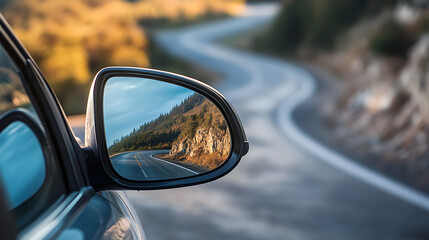 Obraz premium A close-up of a car’s side mirror reflecting a winding road behind, with the mirror and door frame dominating the image.