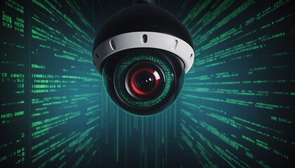 Caméra 3D surveillance IA sécurité protection données processus technologie code numérique réseaux neurones stockage informatique.