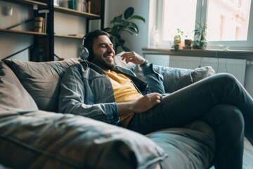 Fototapeta premium A man is sitting on a couch with headphones on and smiling. He is listening to music and he is enjoying himself