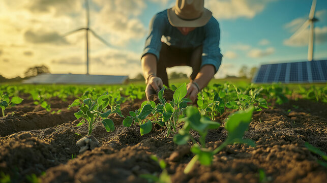 Farmer tending crops in field with solar panels and wind turbines, sustainable agriculture and renewable energy concept, modern farming practices in scenic rural landscape
