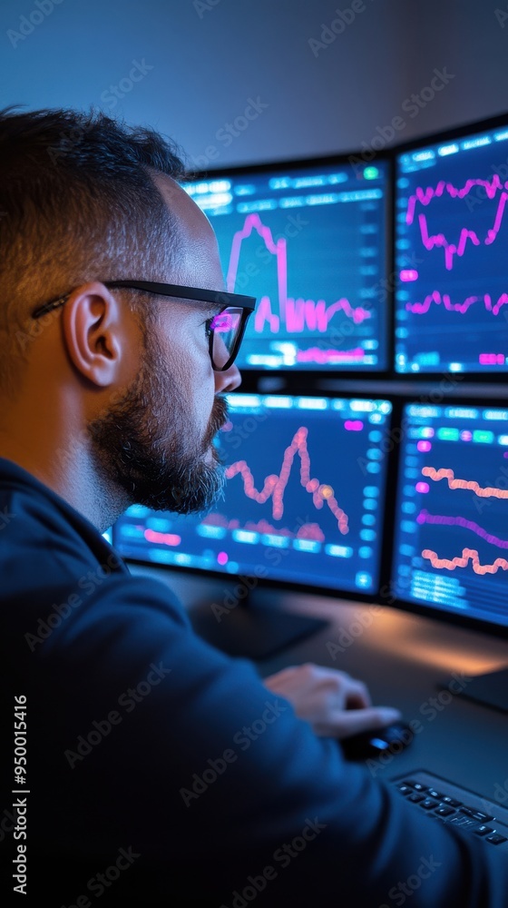 Poster a home office with multiple screens displaying graphs and data, with a focused business professional