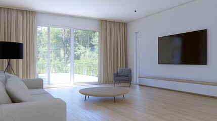 Fototapeta premium This minimalist living room features a neutral color palette with a comfortable sofa, dining table, and extensive windows offering a city view. Natural light floods the space