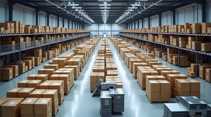 Modern Industrial Warehouse with High Ceilings, Shelving Units, and Automated Conveyor Systems