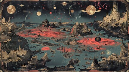 Obraz premium Retro sci-fi wall map decoration vintage cartography design