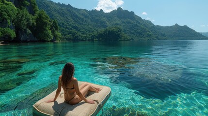 Obraz premium Serene Woman Relaxing on Floating Dock in Tropical Lagoon Paradise
