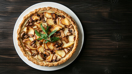 Delicious open pie with potatoes, mushrooms and herbs on white plate on dark wooden table background