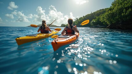 Serene Kayaking Adventure in Tropical Paradise - Young Couple Enjoying Calm Waters and Lush Island View
