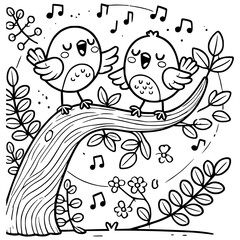 Fototapeta premium Coloring page of two cute cartoon birds singing joyfully while perched on a tree branch, surrounded by leaves, flowers, and musical notes in a lively outdoor setting