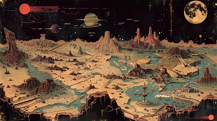 Science fiction landscape planet map space navigation cartography futuristic design