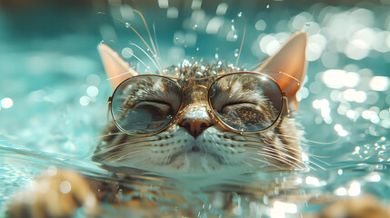 A cute cat swims in the pool on a warm sunny day. Funny summer vibe concept banner