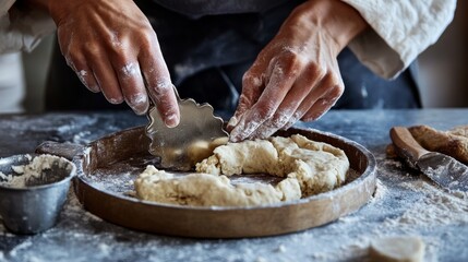 Baker's Hands Cutting Out Dough with a Biscuit Cutter on a Wooden Tray Covered in Flour