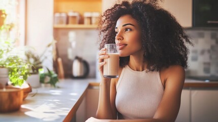 A woman drinking a collagen smoothie while sitting in a bright, modern kitchen.