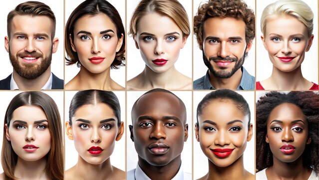 A diverse range of modern, colorful, and vibrant facial features, eyebrows, noses, mouths, and skin tones are arranged on a white background for customization.