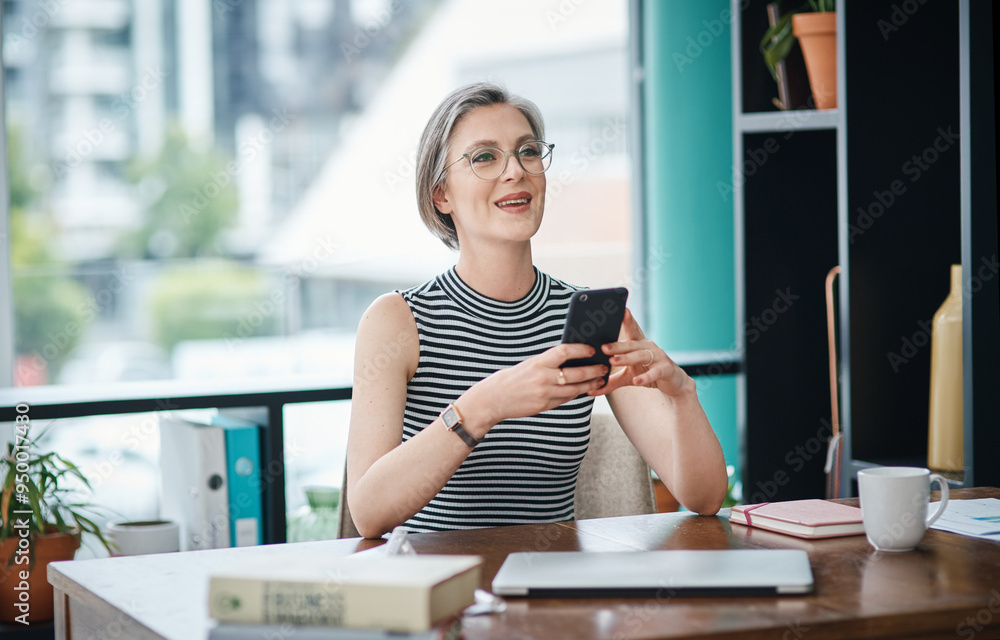 Canvas Prints Mature woman, thinking and phone for research, communication and client management in office. Public relations, idea and mobile for contact, email and company networking with social media business