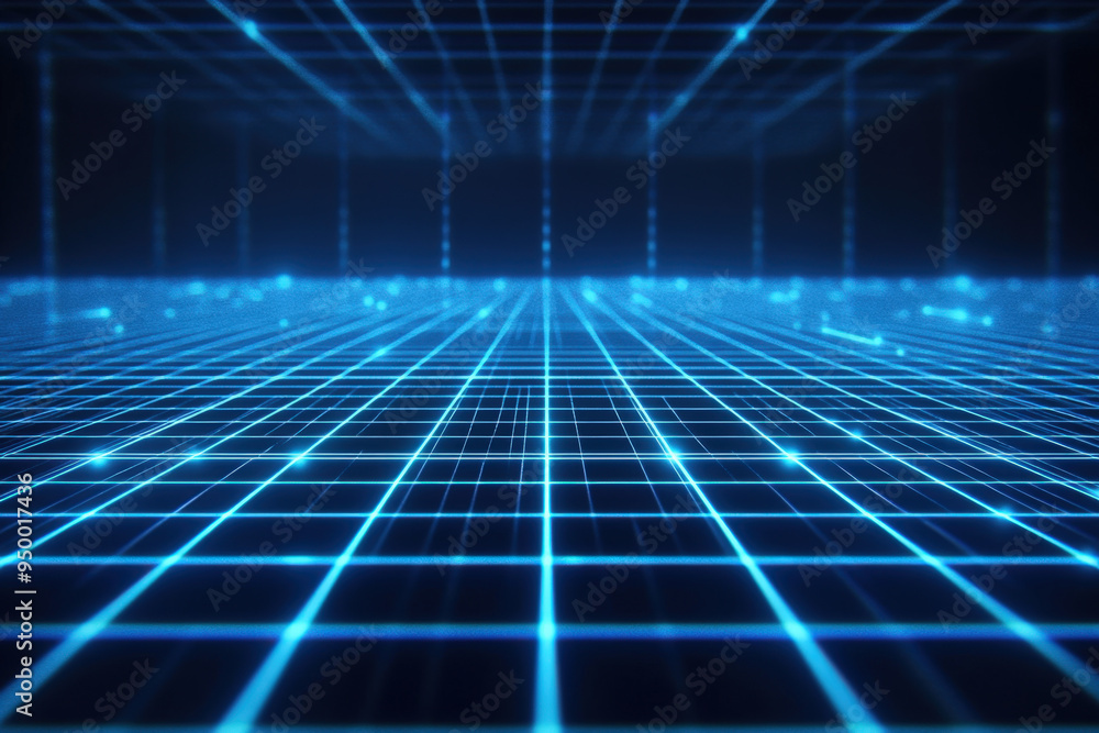 Poster abstract technology background with glowing grid and particles moving, perfect for illustrating conc