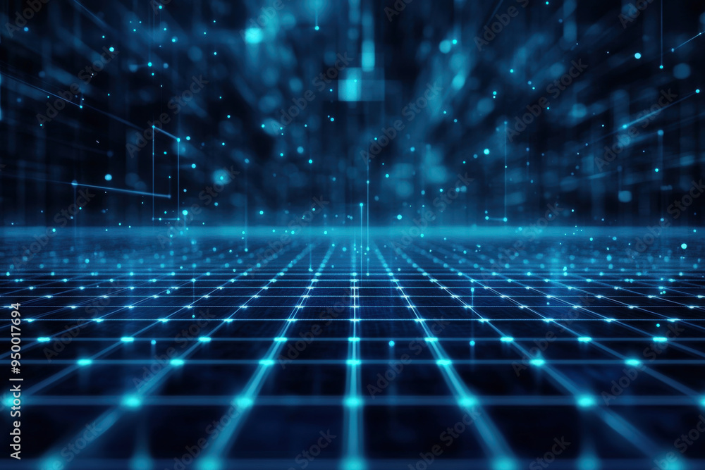 Poster abstract technology background with glowing grid and particles moving in a virtual space