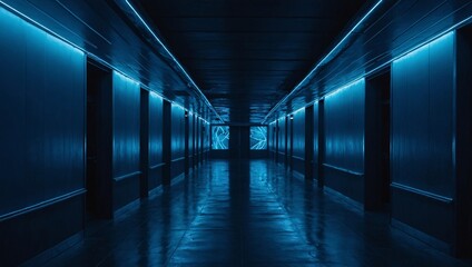 Blue hallway with a neon light and abstract fluorescent glow.