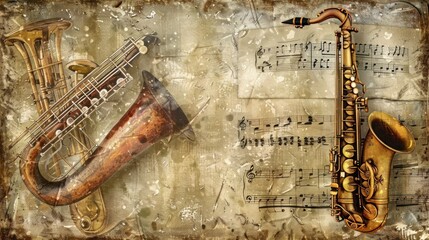 Naklejka premium Vintage Saxophone with Sheet Music.