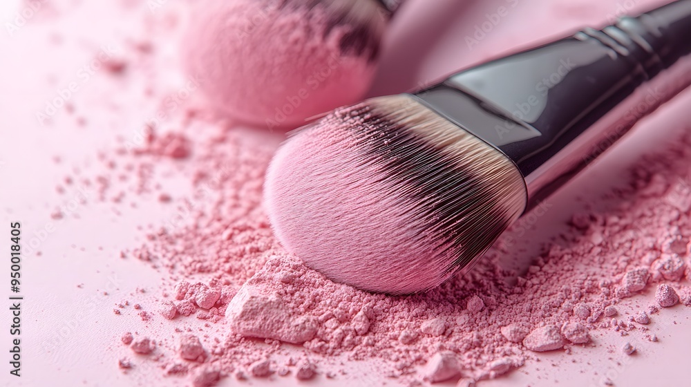 Poster makeup brushes on soft pink background, scattered blush powder, close-up, cosmetics flatlay, beauty 