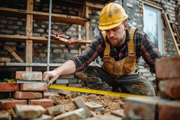 Caucasian construction worker laying bricks and using measuring tape