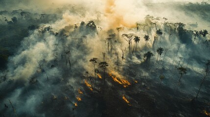 Aerial view of deforestation in Amazon, showcasing smoke and flames engulfing trees, highlighting environmental destruction and urgency.