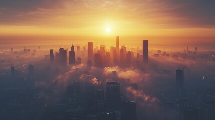 Fototapeta premium A city skyline shrouded in smog and pollution at sunset, creating dramatic atmosphere. sun casts warm glow over buildings, enhancing urban landscapes beauty.