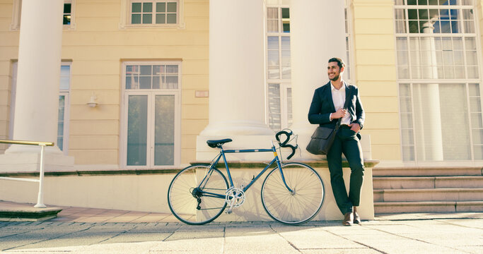 Bicycle, smile or businessman at law firm for interview, meeting or job opportunity. Carbon neutral, travel and lawyer with eco friendly transport in London for recruitment, deal and hiring offer