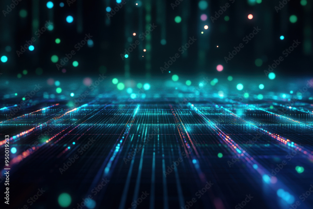 Poster abstract technology background with glowing grid and particles moving up and down