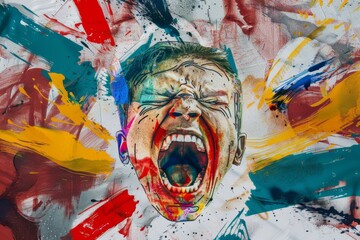 Fototapeta premium A man's face is painted with a lot of colors and has a mouth open as if he is screaming. The painting is abstract and has a lot of splatters and brush strokes. The mood of the painting is chaotic