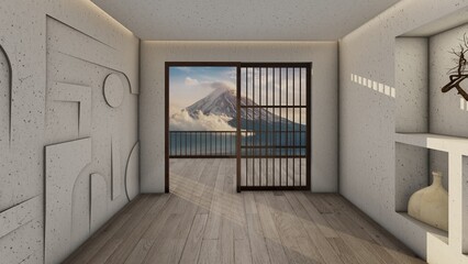 Japanese Wabi sabi style Quiet room with mountain view