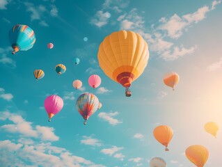 Obraz premium Vibrant Hot Air Balloon Festival Celebrating the Joy of Flight in the Serene Blue Sky