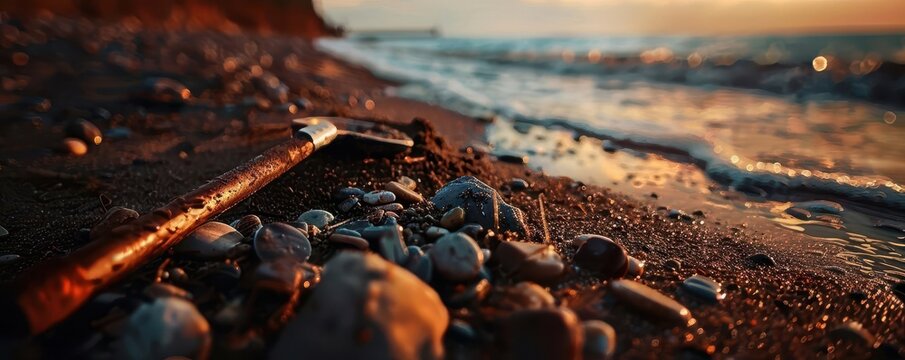 Metal detector on a beach, adventurous and hopeful, Adventure, Earth tones, Photograph, Treasure hunt