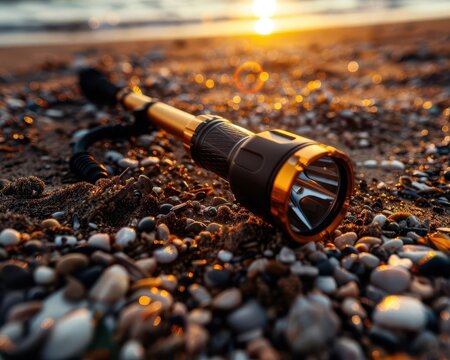 Metal detector on a sandy beach, adventurous and hopeful, Adventure, Earth tones, Photograph, Treasure hunting