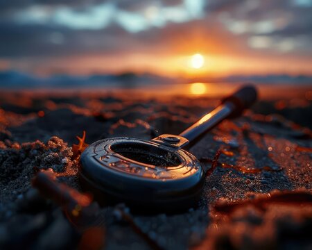 Metal detector on a sandy beach, adventurous and hopeful, Adventure, Earth tones, Photograph, Treasure hunting