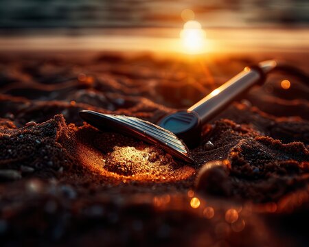 Metal detector on a sandy beach, adventurous and hopeful, Adventure, Earth tones, Photograph, Treasure hunting