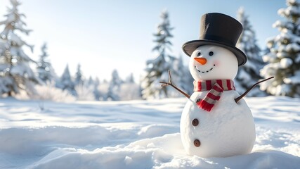 A cheerful snowman with hat stands in a serene winter landscape, surrounded by soft snow and frosty trees under a clear blue sky