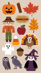 Fototapeta premium set of fall icons, sticker sheet, isolated on plain background 