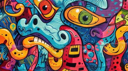 Abstract Graffiti Art on a Brick Wall with Multiple Eyes