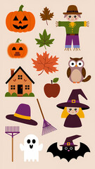 set of fall icons, sticker sheet, isolated on plain background 