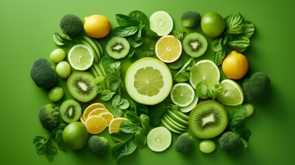 Large collection of green fruit and vegetable pieces and slices top view. Neural network ai generated art