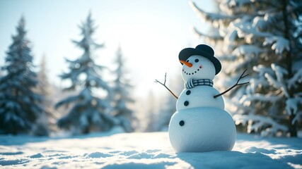 Obraz premium A cheerful snowman with hat stands in a serene winter landscape, surrounded by soft snow and frosty trees under a clear blue sky