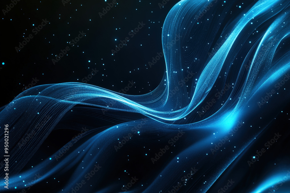 Poster abstract background with blue glowing particles flowing and forming wavy lines on black background